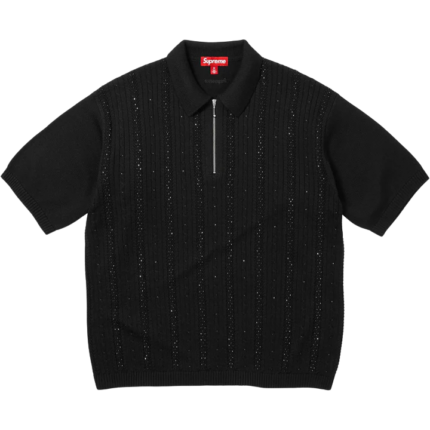 Beaded Zip S/S Polo Sweater Black