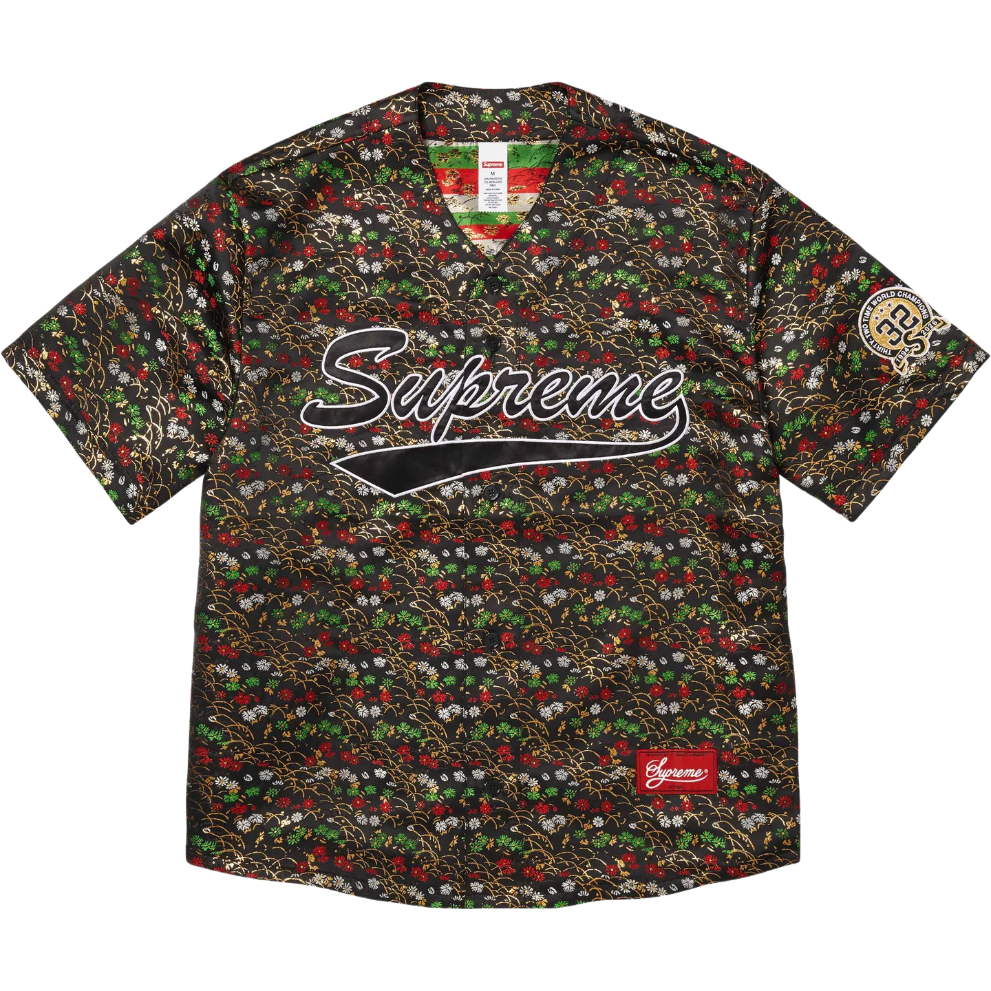 Floral Jacquard Baseball Jersey Black front Floral Jacquard Baseball Jersey Black - Image 1