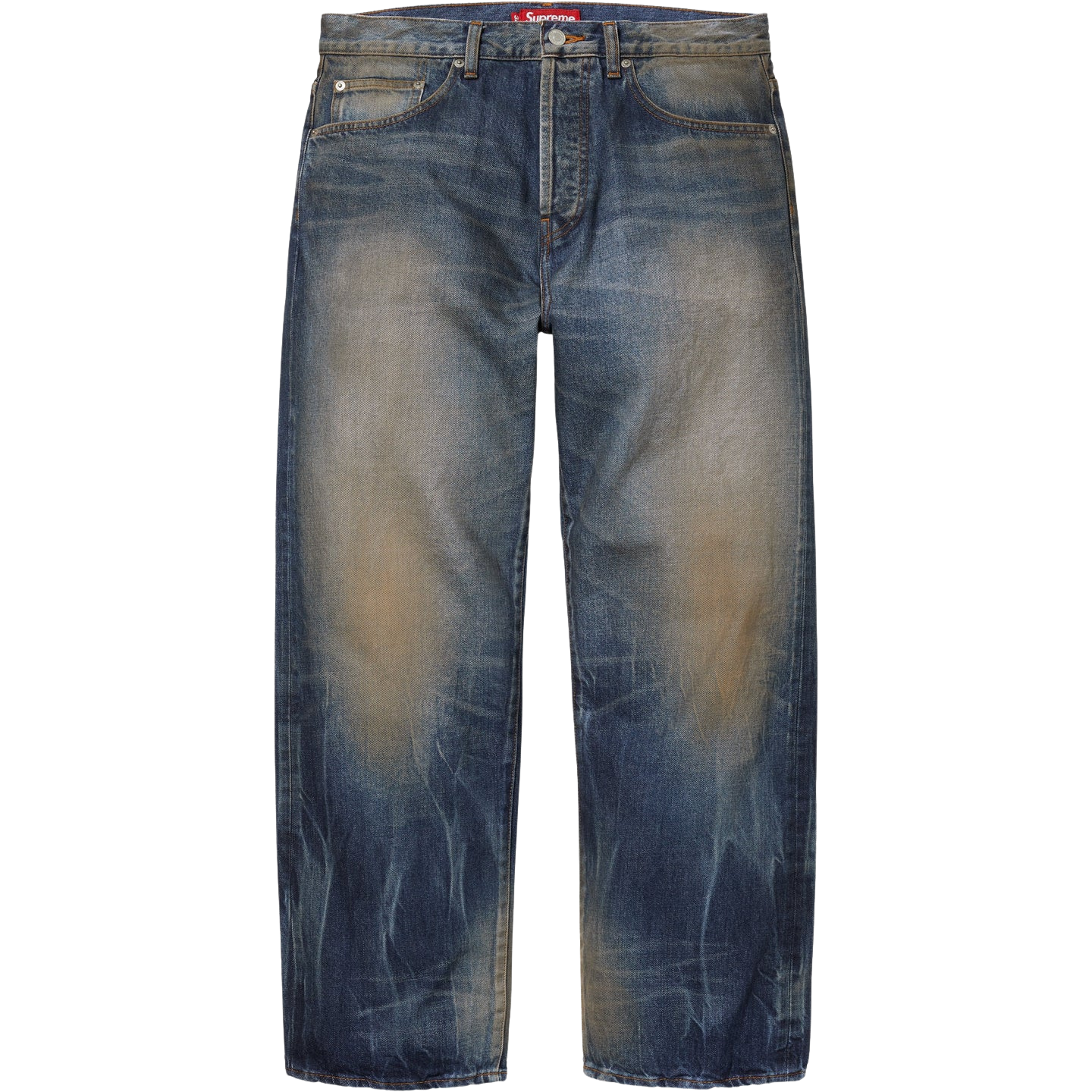 Distressed Loose Fit Selvedge Jean Washed Indigo front Distressed Loose Fit Selvedge Jean Washed Indigo - Image 1